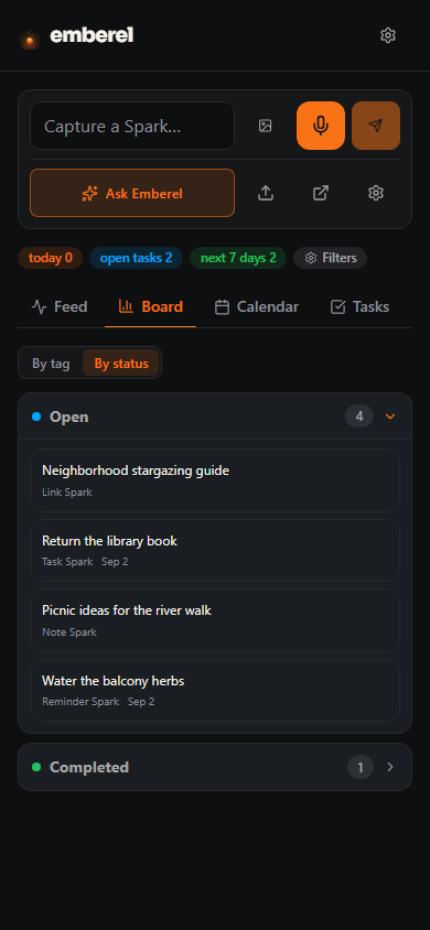 The mobile Board lens showing fictional Sparks in collapsible status sections