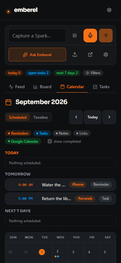 The mobile Emberel Calendar lens with fictional dated Sparks