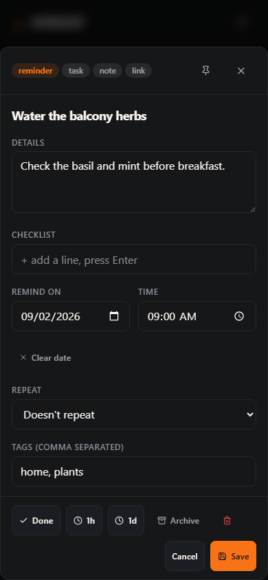 The current Emberel Spark editor showing fictional content and editable type, date, checklist, and tag controls